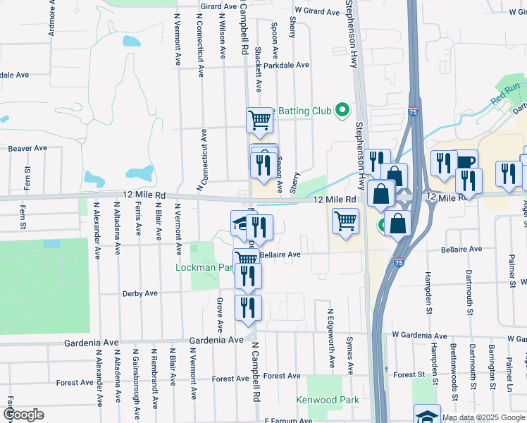 map of restaurants, bars, coffee shops, grocery stores, and more near 1710 Twelve Mile Road in Royal Oak