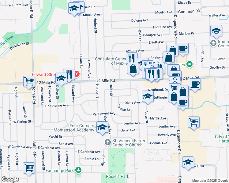 map of restaurants, bars, coffee shops, grocery stores, and more near 1238 Ronald Avenue in Madison Heights