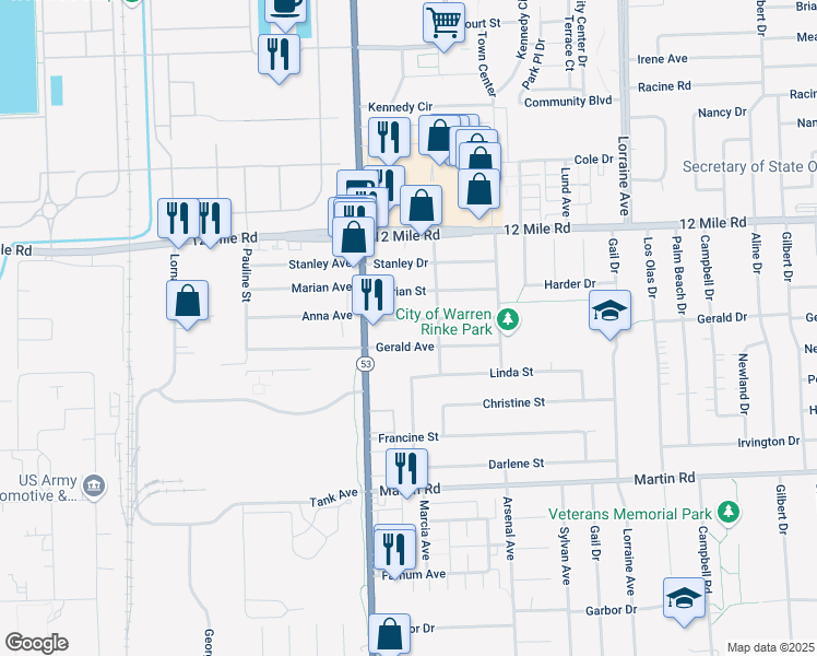 map of restaurants, bars, coffee shops, grocery stores, and more near 8100 Anna Ave in Warren