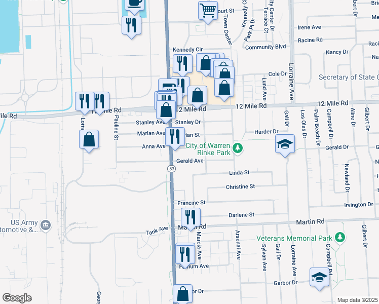 map of restaurants, bars, coffee shops, grocery stores, and more near 8100 Anna Avenue in Warren