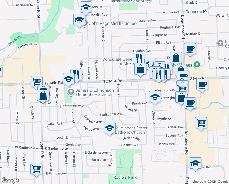 map of restaurants, bars, coffee shops, grocery stores, and more near 28764 Couzens Avenue in Madison Heights