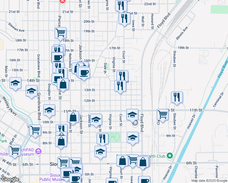 map of restaurants, bars, coffee shops, grocery stores, and more near 1010 13th Street in Sioux City