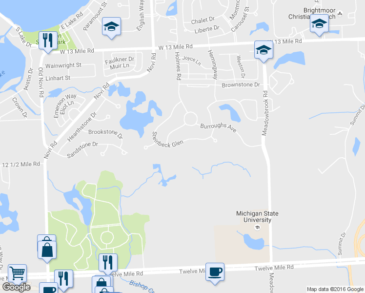 map of restaurants, bars, coffee shops, grocery stores, and more near 41673 Steinbeck Glen in Novi
