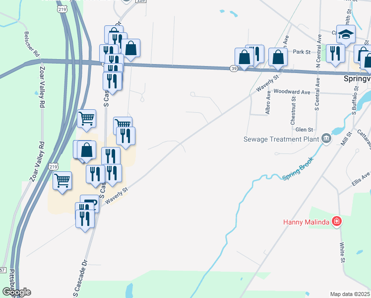 map of restaurants, bars, coffee shops, grocery stores, and more near 23 Commerce Drive in Springville
