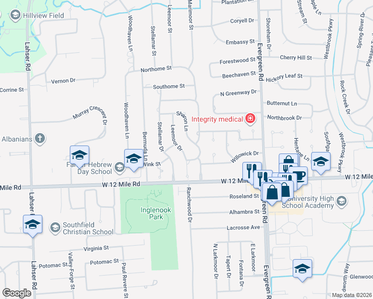 map of restaurants, bars, coffee shops, grocery stores, and more near 29350 Leemoor Drive in Southfield