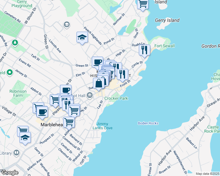 map of restaurants, bars, coffee shops, grocery stores, and more near 18 Darling Street in Marblehead
