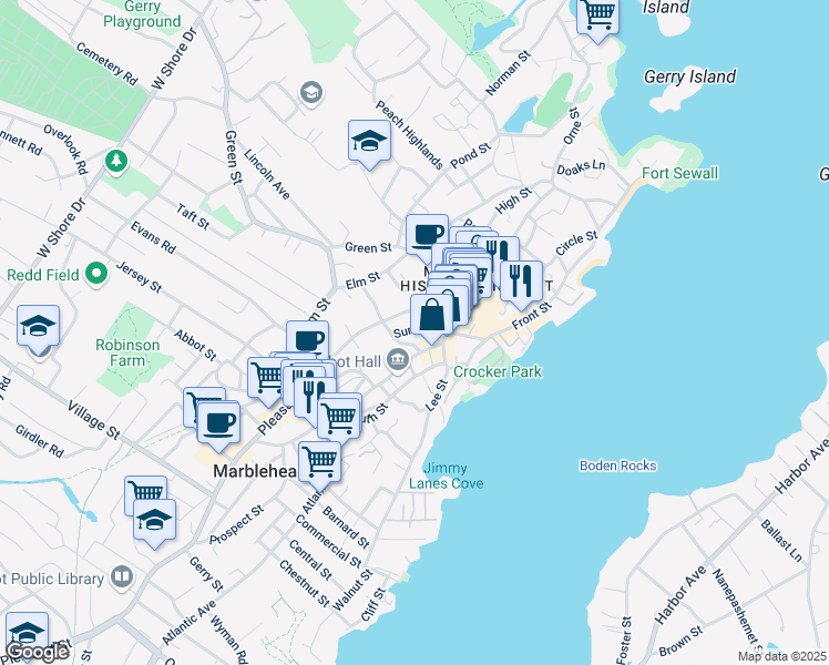 map of restaurants, bars, coffee shops, grocery stores, and more near 31 Summer Street in Marblehead