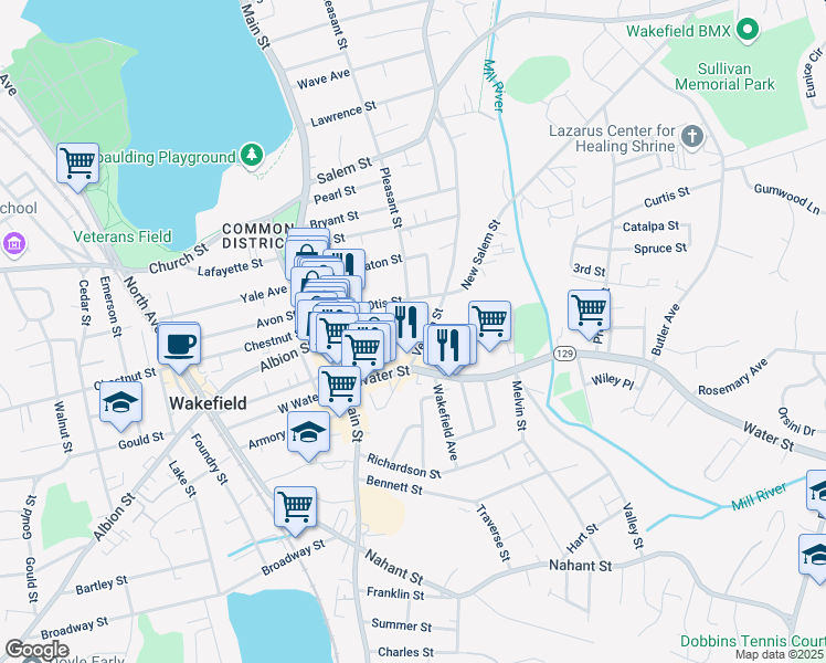 map of restaurants, bars, coffee shops, grocery stores, and more near 14 Crescent Hill in Wakefield