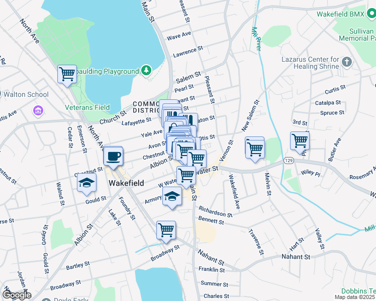 map of restaurants, bars, coffee shops, grocery stores, and more near 21 Princess Street in Wakefield