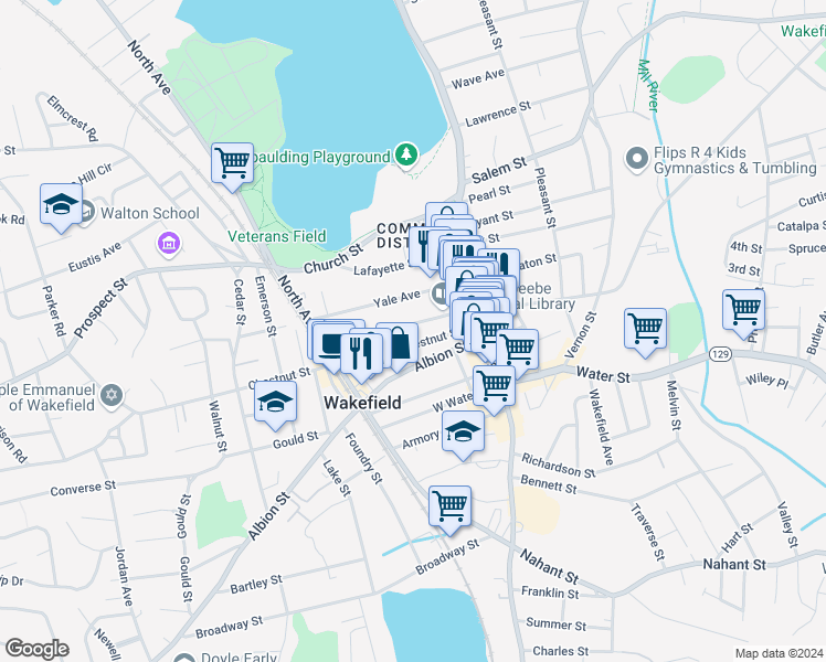 map of restaurants, bars, coffee shops, grocery stores, and more near in Wakefield