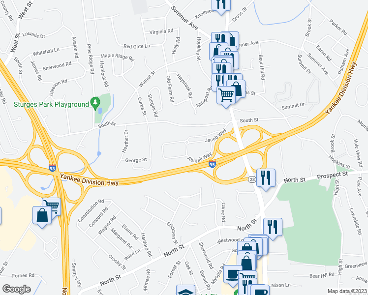 map of restaurants, bars, coffee shops, grocery stores, and more near 36 Abigail Way in Reading