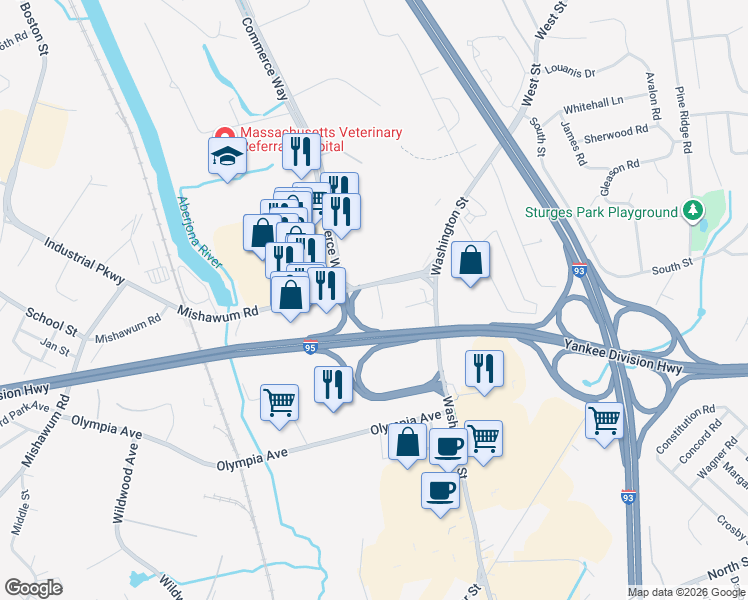 map of restaurants, bars, coffee shops, grocery stores, and more near 4 Garden Terrace in Woburn