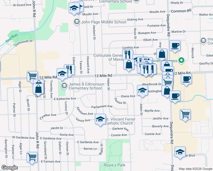 map of restaurants, bars, coffee shops, grocery stores, and more near 28764 Couzens Avenue in Madison Heights