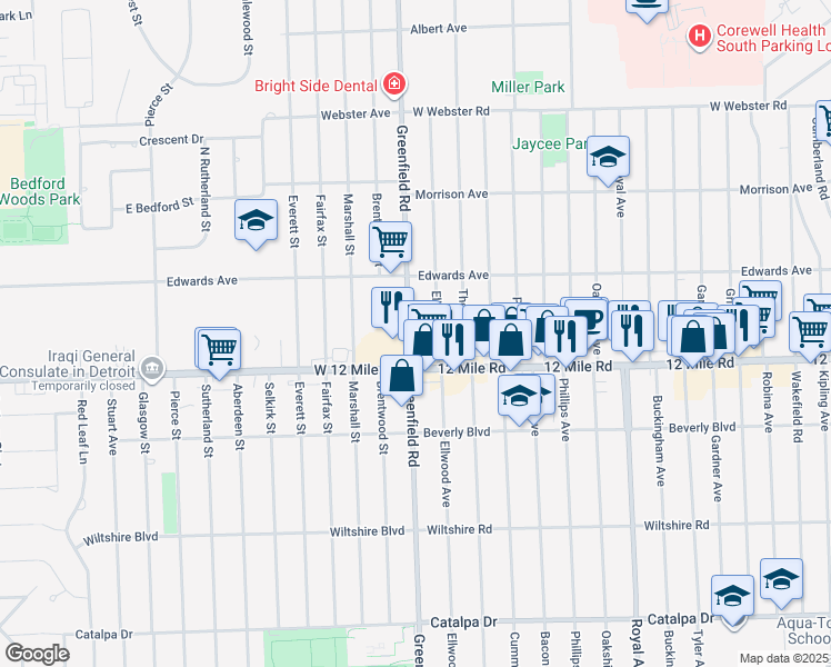 map of restaurants, bars, coffee shops, grocery stores, and more near 29101 Greenfield Road in Southfield