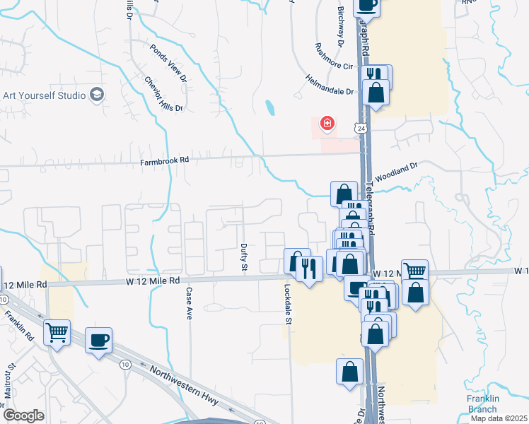 map of restaurants, bars, coffee shops, grocery stores, and more near 25105 Woodvale Drive North in Southfield