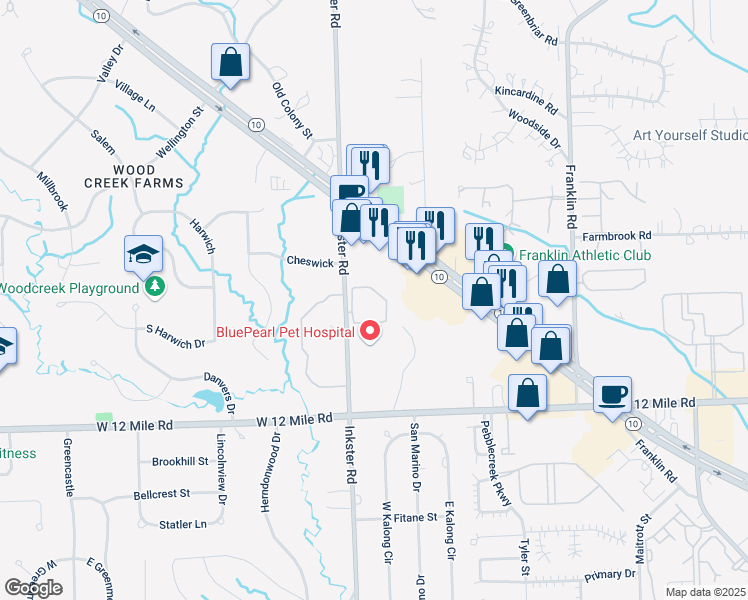 map of restaurants, bars, coffee shops, grocery stores, and more near 27363 Apple Blossom Lane in Southfield