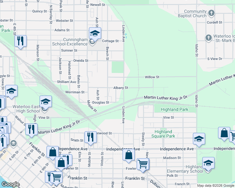 map of restaurants, bars, coffee shops, grocery stores, and more near 24 Van Buren Street in Waterloo