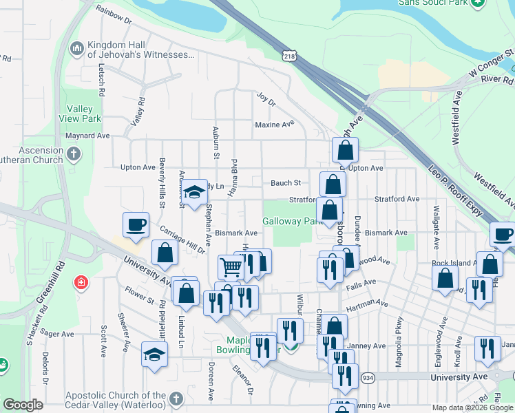 map of restaurants, bars, coffee shops, grocery stores, and more near 600 Maxwell Street in Waterloo