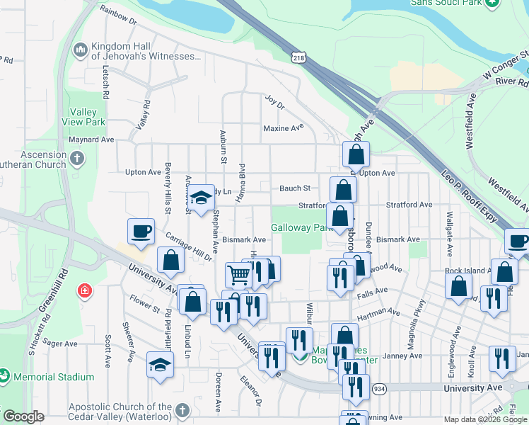 map of restaurants, bars, coffee shops, grocery stores, and more near 600 Maxwell Street in Waterloo