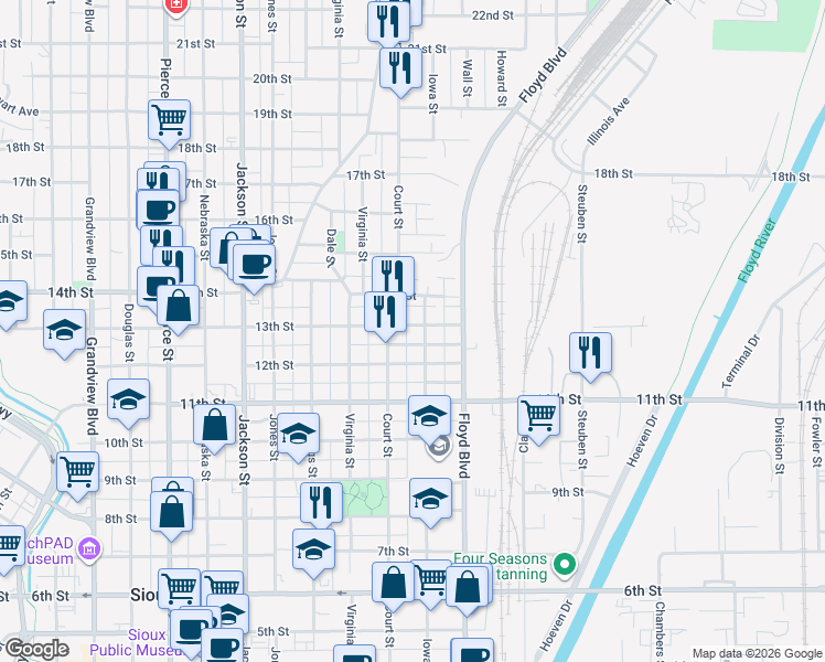 map of restaurants, bars, coffee shops, grocery stores, and more near 1110 13th Street in Sioux City