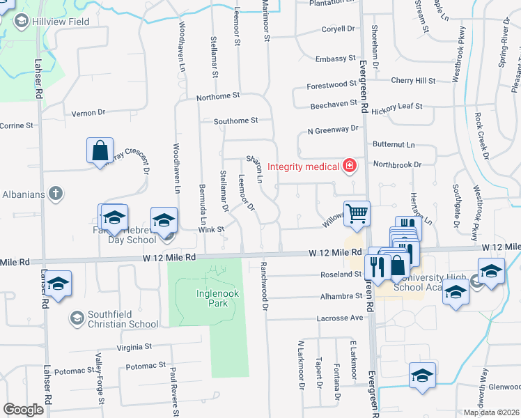map of restaurants, bars, coffee shops, grocery stores, and more near 29350 Leemoor Drive in Southfield