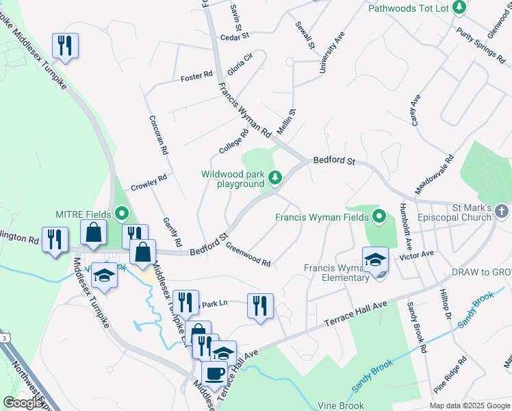 map of restaurants, bars, coffee shops, grocery stores, and more near 119 Bedford Street in Burlington