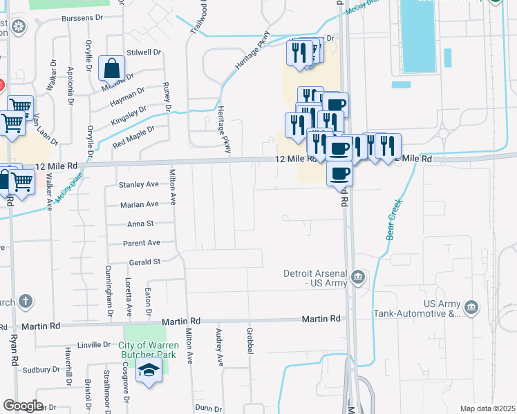 map of restaurants, bars, coffee shops, grocery stores, and more near 28620 Grobbel Drive in Warren