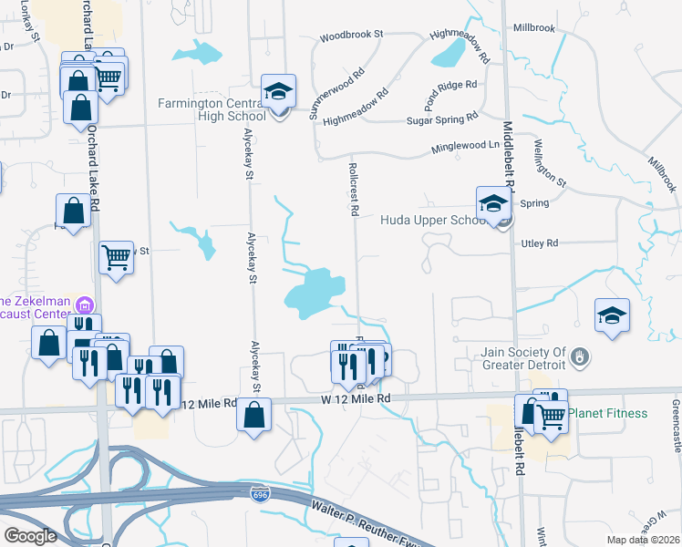 map of restaurants, bars, coffee shops, grocery stores, and more near 28180 Rollcrest Road in Farmington Hills