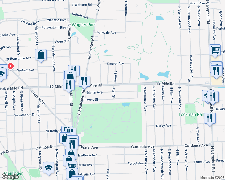 map of restaurants, bars, coffee shops, grocery stores, and more near 423 Marlin Avenue in Royal Oak