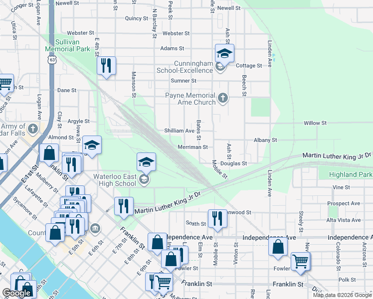 map of restaurants, bars, coffee shops, grocery stores, and more near 200 Merriman Street in Waterloo