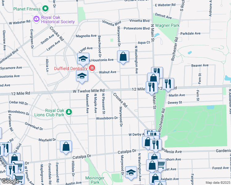 map of restaurants, bars, coffee shops, grocery stores, and more near 1723 Edgewood Drive in Royal Oak
