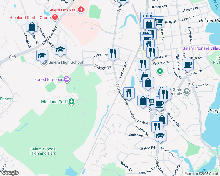 map of restaurants, bars, coffee shops, grocery stores, and more near 11 Story Street in Salem