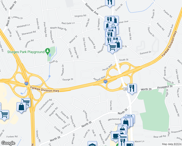 map of restaurants, bars, coffee shops, grocery stores, and more near 36 Abigail Way in Reading