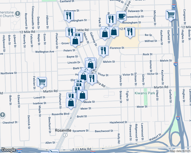 map of restaurants, bars, coffee shops, grocery stores, and more near 28240 Gratiot Ave in Roseville
