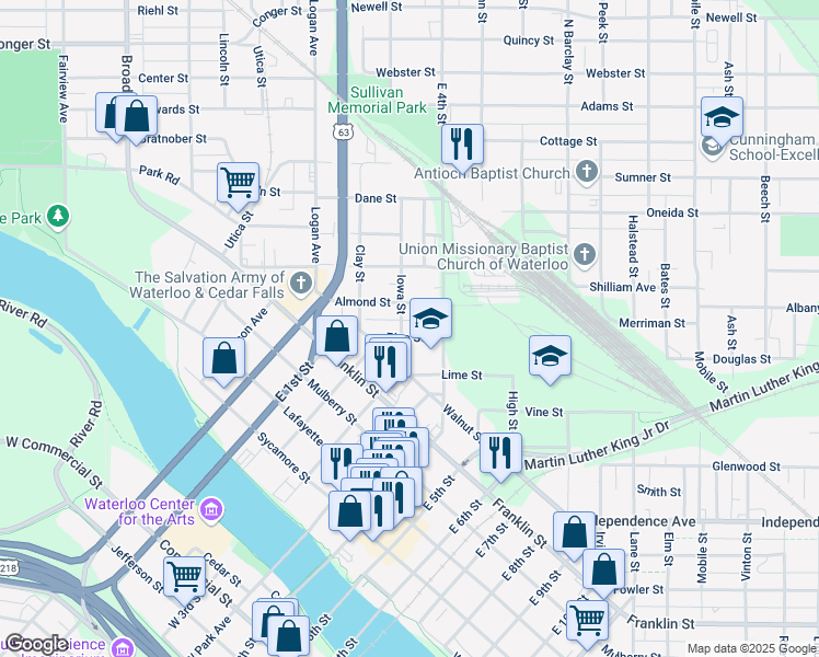 map of restaurants, bars, coffee shops, grocery stores, and more near 206 Iowa Street in Waterloo