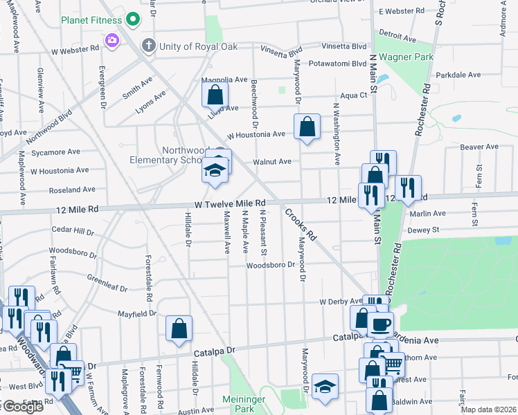 map of restaurants, bars, coffee shops, grocery stores, and more near 1723 North Pleasant Street in Royal Oak