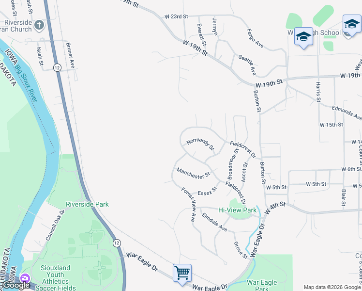 map of restaurants, bars, coffee shops, grocery stores, and more near 4000 Fieldcrest Drive in Sioux City