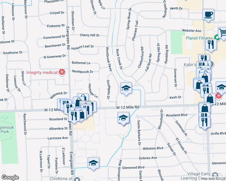 map of restaurants, bars, coffee shops, grocery stores, and more near 29271 Southgate Drive in Southfield