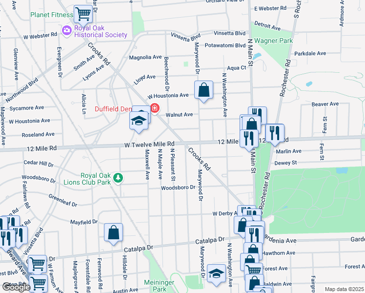 map of restaurants, bars, coffee shops, grocery stores, and more near 1723 Edgewood Drive in Royal Oak