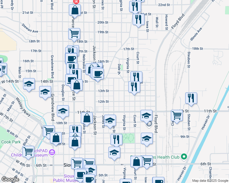 map of restaurants, bars, coffee shops, grocery stores, and more near 900 13th Street in Sioux City