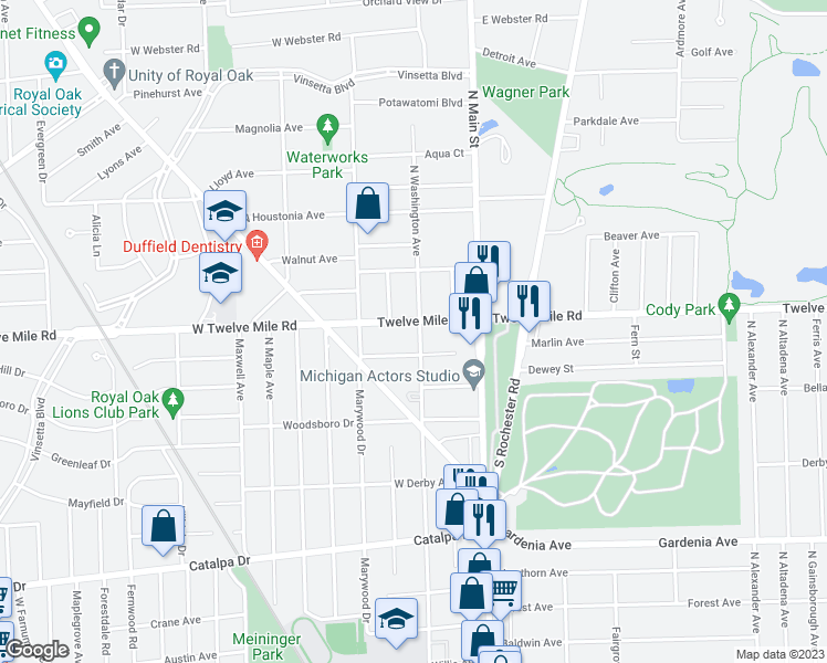 map of restaurants, bars, coffee shops, grocery stores, and more near 305 West 12 Mile Road in Royal Oak