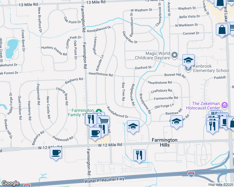 map of restaurants, bars, coffee shops, grocery stores, and more near 28400 Westerleigh Road in Farmington Hills