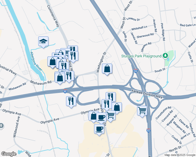 map of restaurants, bars, coffee shops, grocery stores, and more near 425 Washington Street in Woburn