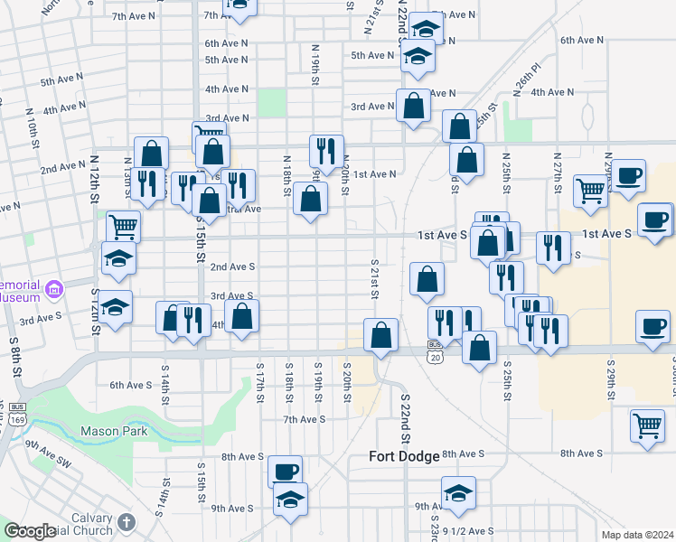 map of restaurants, bars, coffee shops, grocery stores, and more near 1923 2nd Avenue South in Fort Dodge