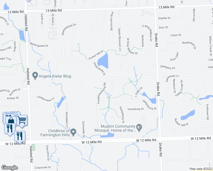 map of restaurants, bars, coffee shops, grocery stores, and more near 36117 Fredericksburg Road in Farmington Hills