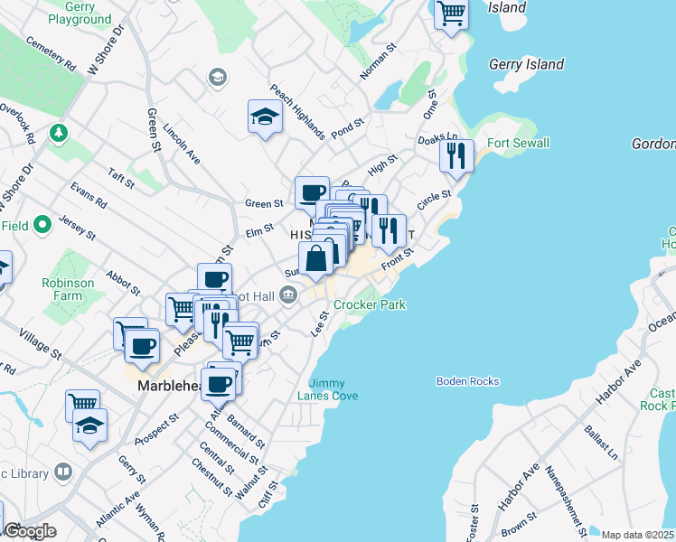 map of restaurants, bars, coffee shops, grocery stores, and more near 18 Darling Street in Marblehead