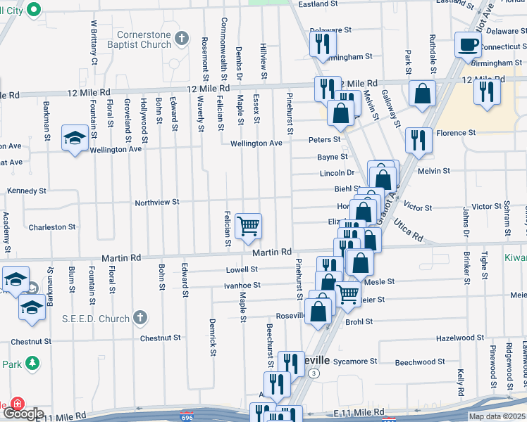 map of restaurants, bars, coffee shops, grocery stores, and more near 28230 Essex Street in Roseville