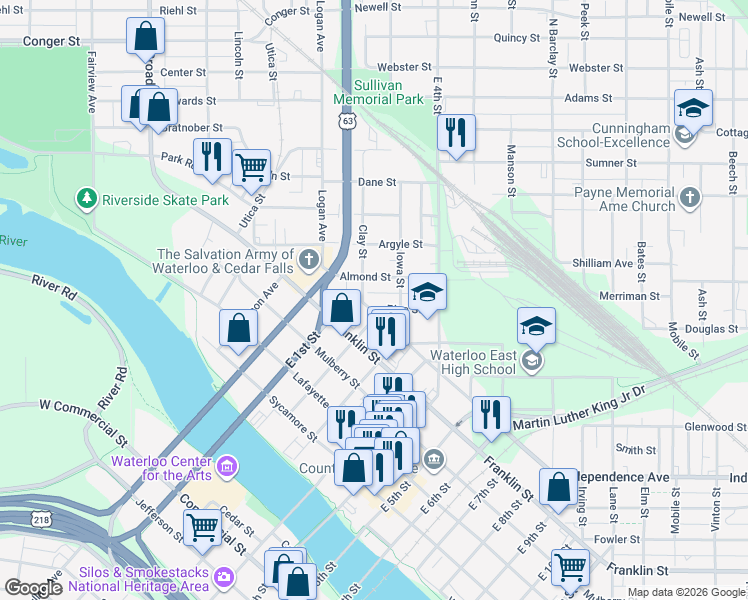 map of restaurants, bars, coffee shops, grocery stores, and more near 407 Pine Street in Waterloo