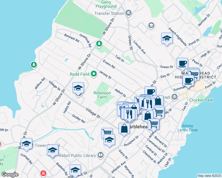 map of restaurants, bars, coffee shops, grocery stores, and more near 3 Abbot Court in Marblehead