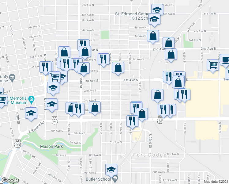 map of restaurants, bars, coffee shops, grocery stores, and more near 1813 2nd Avenue South in Fort Dodge